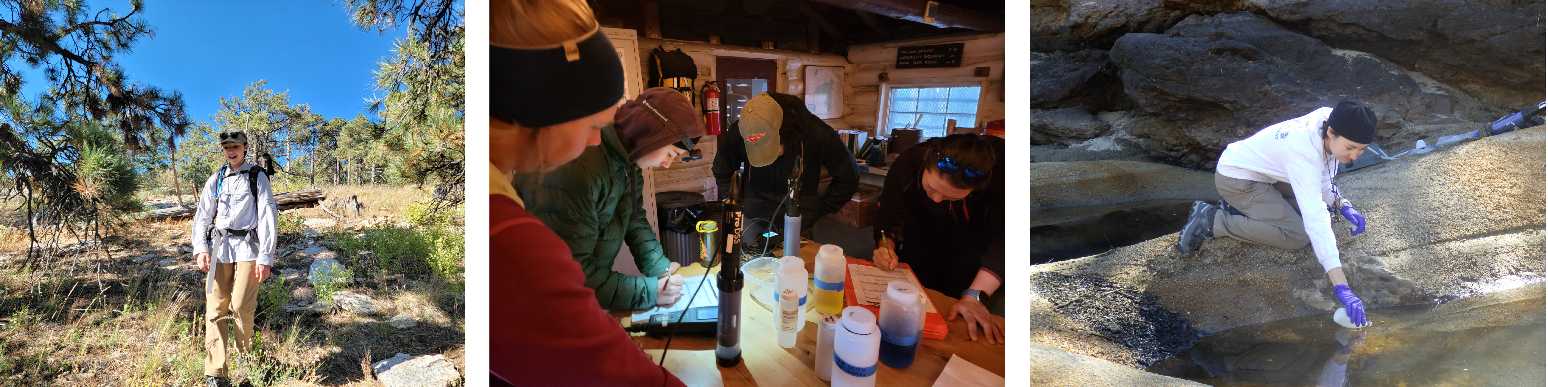 A compilation of three photos of a field scientist. Left: they hike down a steep slope with a smile. Middle: they take notes on calibrating water quality measurement technology. Right: they scoop water from a spring for testing.