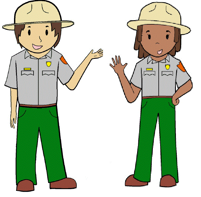 Two cartoon drawings of rangers in flat hats.