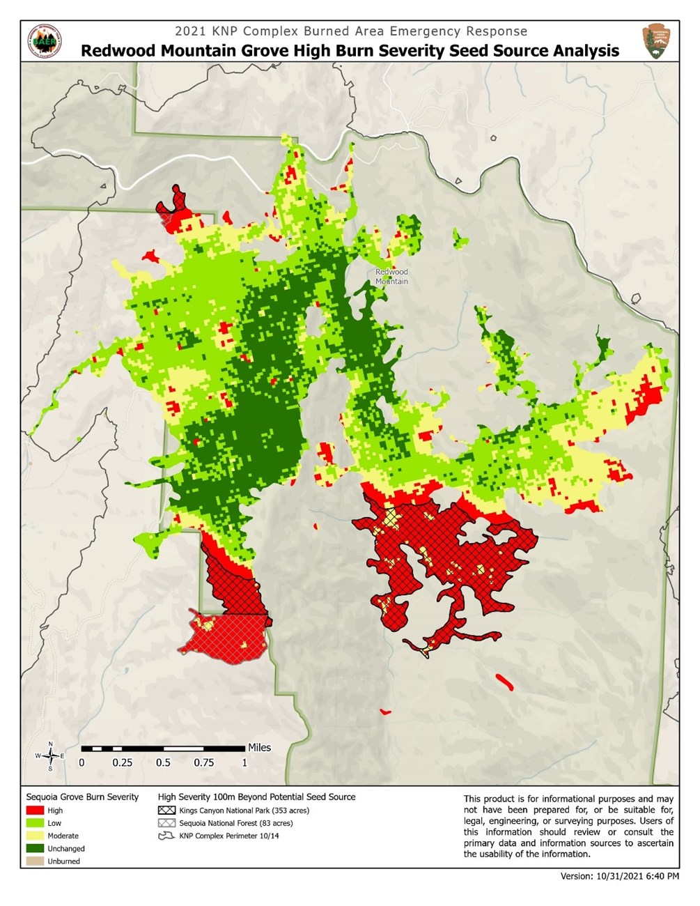 A map shows burn severity in Redwood Mountain Grove, with some areas showing high severity.