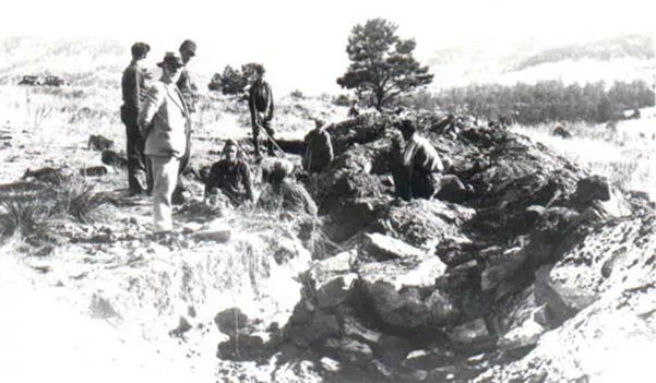 Black and white historic photo of men digging in a fossil quarry.