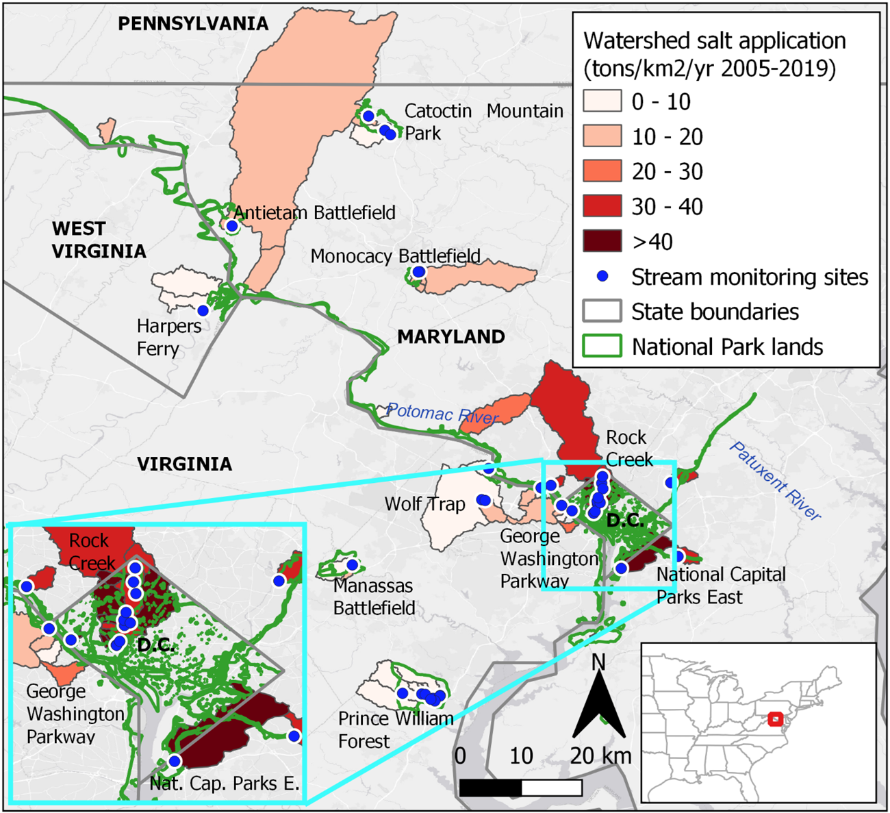 A map of the DC, Maryland and Virginia (DMV) area with a legend showing watershed salt application in the right top corner, a map of the US with the DMV in a box in the bottom right, and a zoomed in image of DC in the lower left corner.