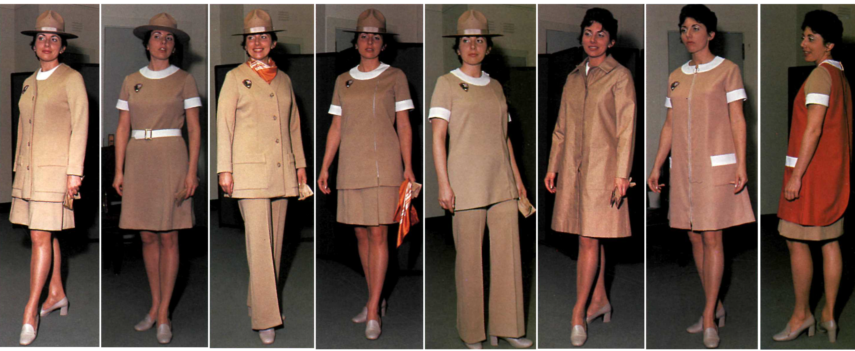 Carol Scanlon modeling 8 beige uniforms
