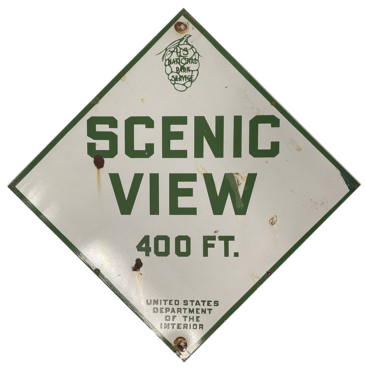 white diamond shaped sign with green sequoia cones and letters for "Scenic View"