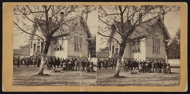 Double image of white building students standing undertree