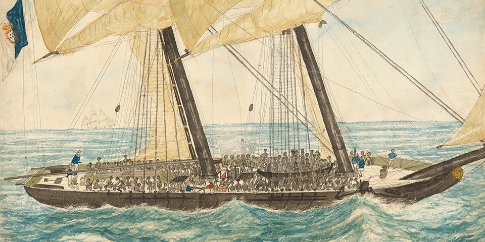 Painting of an aerial view of enslaved people packed on a ship.