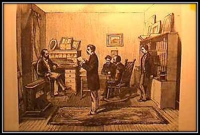 drawing from Frank Leslie’s Illustrated Newspaper. There are 5 men in suits either standing or sitting in the room