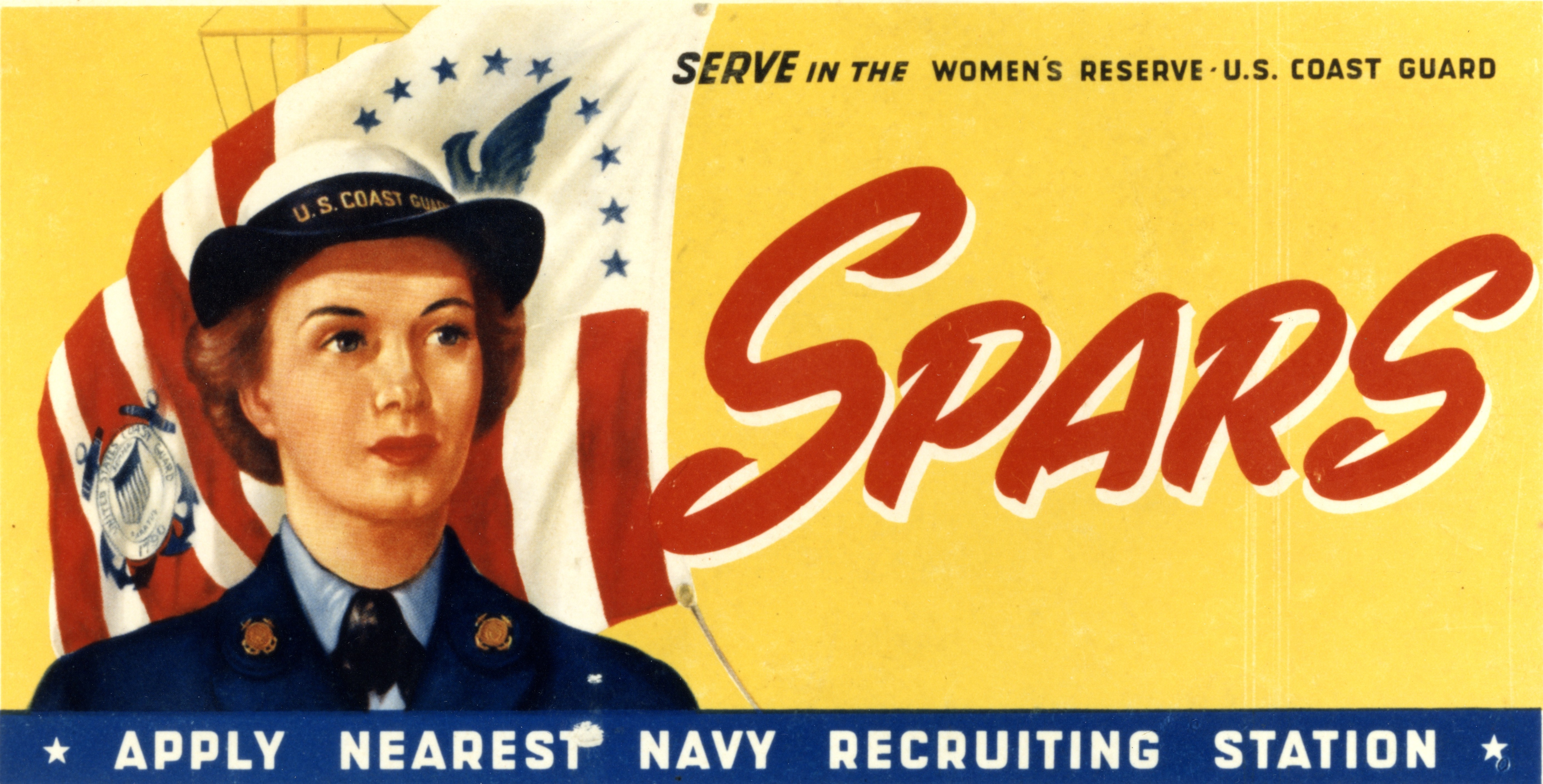 An illustrated poster with a white woman in military uniform against a red, white, and blue flag and yellow background. Text reads in part: “SPARS: Apply Nearest Navy Recruiting Station.”