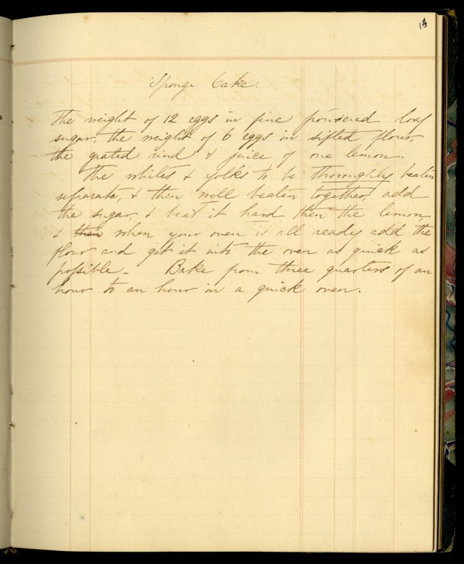 handwritten recipe for sponge cake in bound book