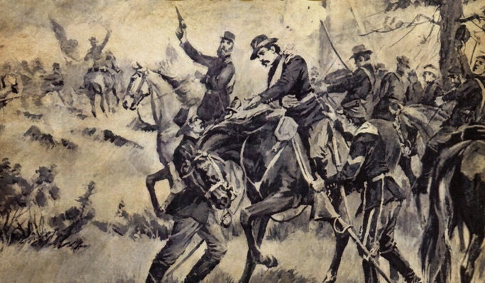 Historic depiction of battle scene featuring men on horses. In foreground, one horse butts head into standing man while its rider raises pistol skyward. Clamor of battle action to right and in rear.