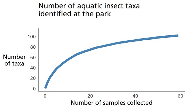 Blue line graph showing that relatively few new taxa are being identified with the collection of additional benthic macroinvertebrate samples.