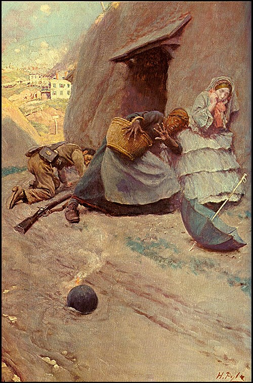 A painting of two terrified women and a soldier dodging a burning cannonball.