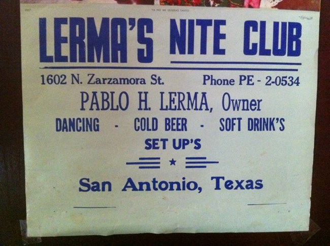 Advertisement for Lerma's Nite Club in blue letters