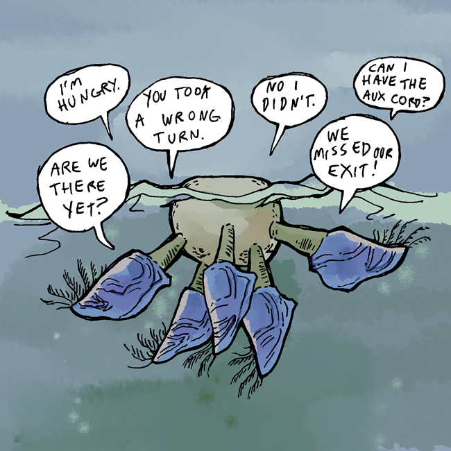 Buoy Barnacles with speech bubbles complaining about the trip.