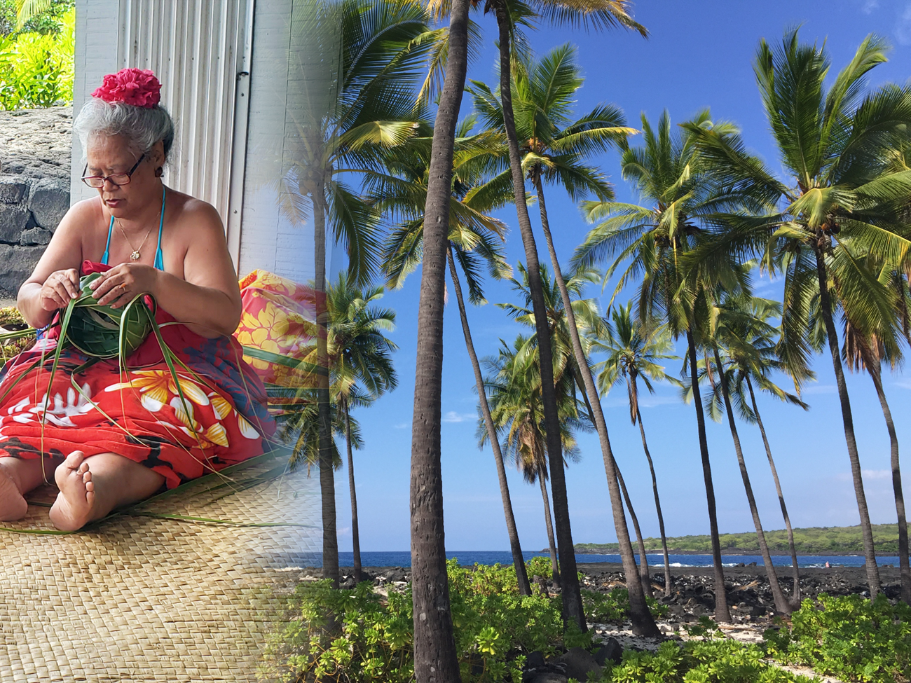 Two images stitched together. Left image: A woman in traditional clothing weaves a basket out of coconut leaves. Right image: A grove of coconut trees with blue skies above and black lava rock below