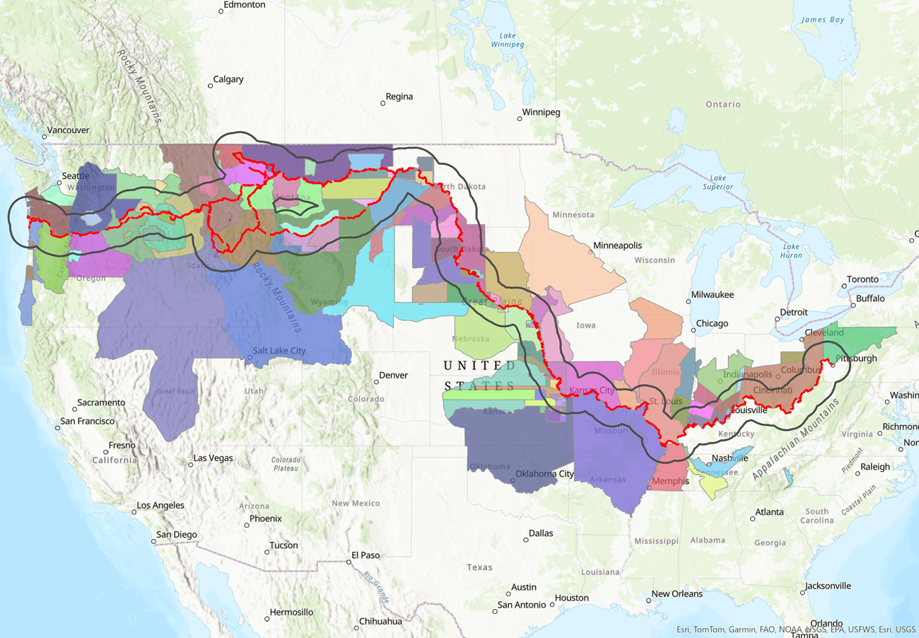 A map of the United States with shaded areas in various colors