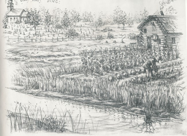 Drawing of a farm, alongside a river, man working, with church in the distance