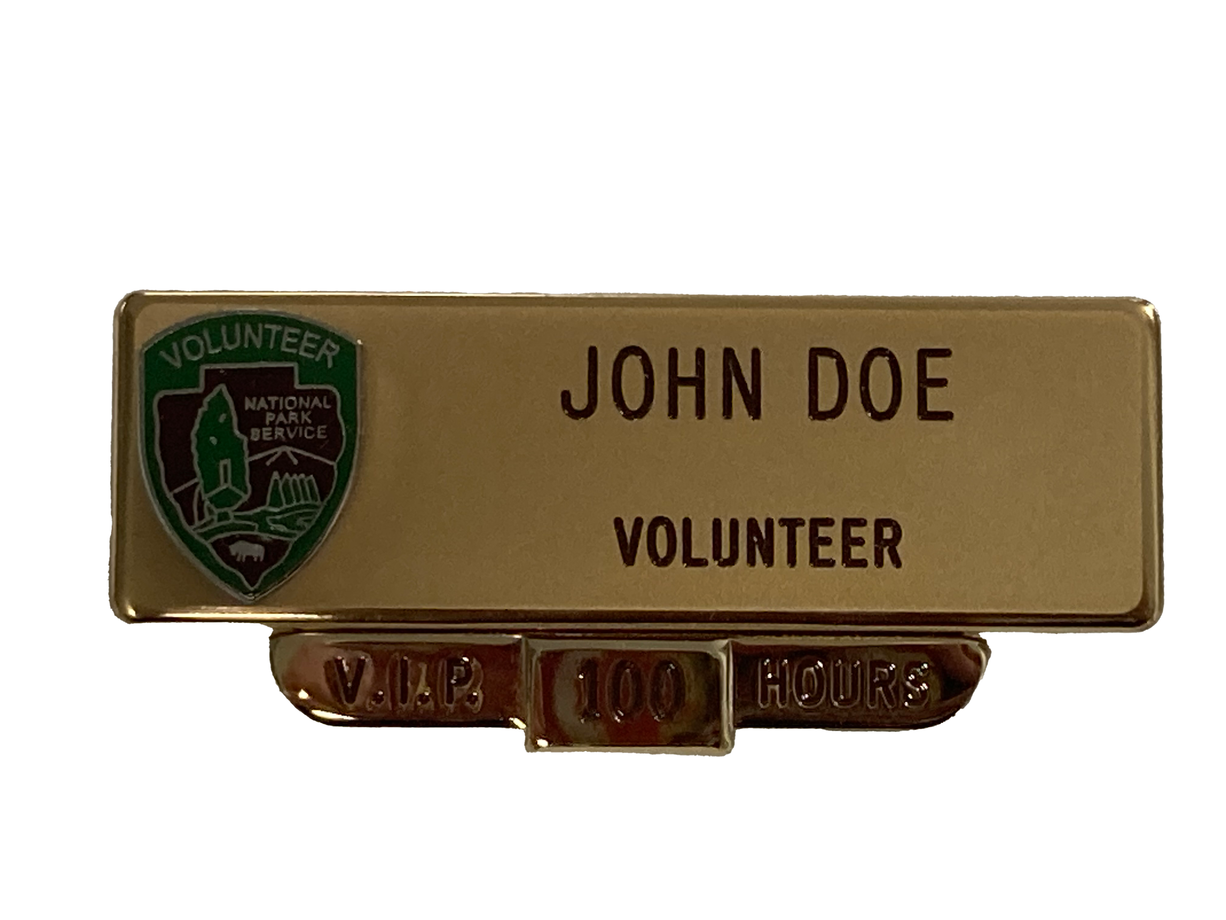 Volunteer badge "John Doe" with recognition for 100 hours below