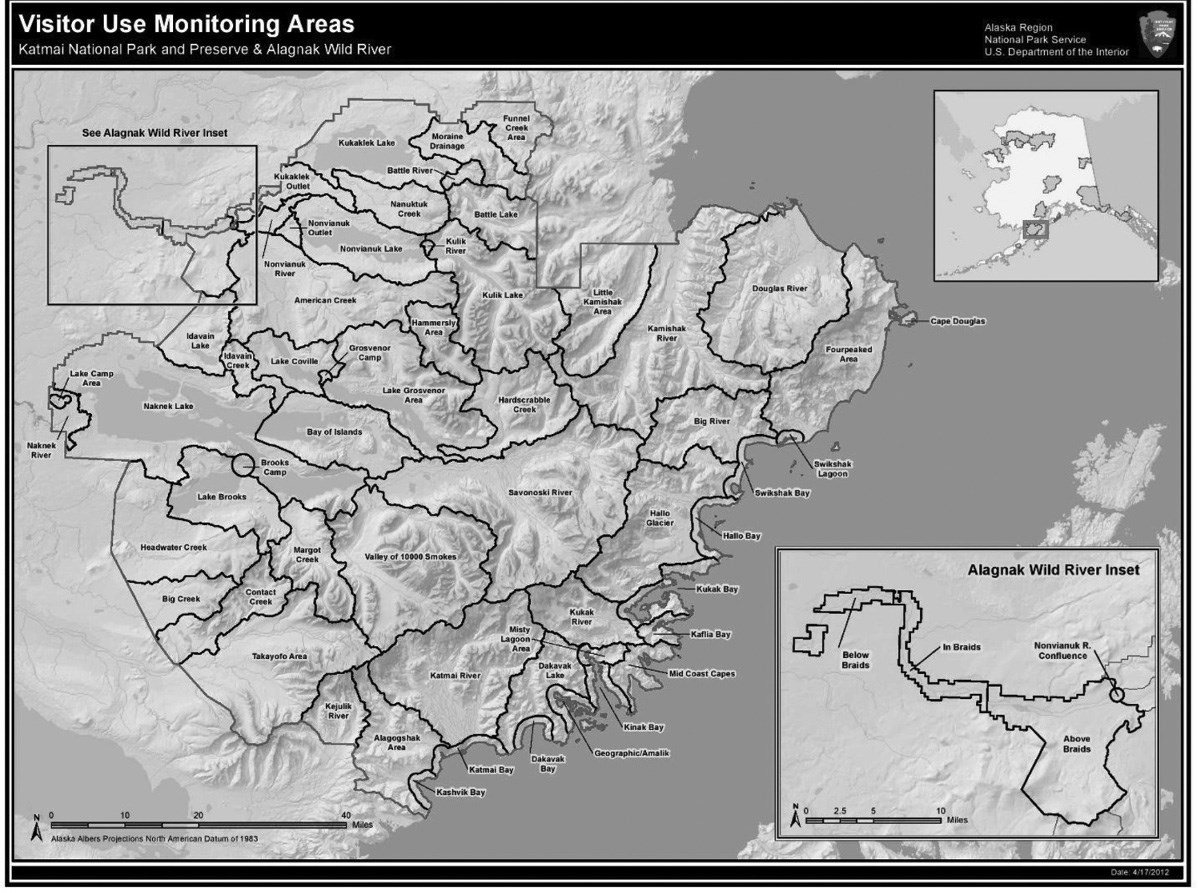A map of Katmai showing visitor management units.