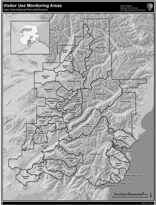 A map of Lake Clark National Park and boundaries of the visitor use management areas.