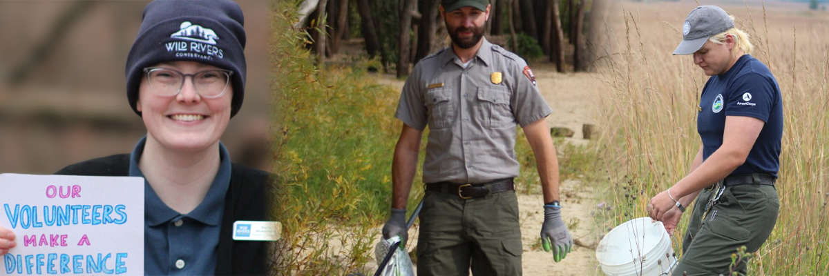 A photograph of the volunteer lead team, from left to right: Wild River Conservancy Volunteer Coordinator Sierra Stukenholtz, National Park Service Park Ranger Michael Raymonds, and Community Volunteer Ambassador Ryan Engelgau.