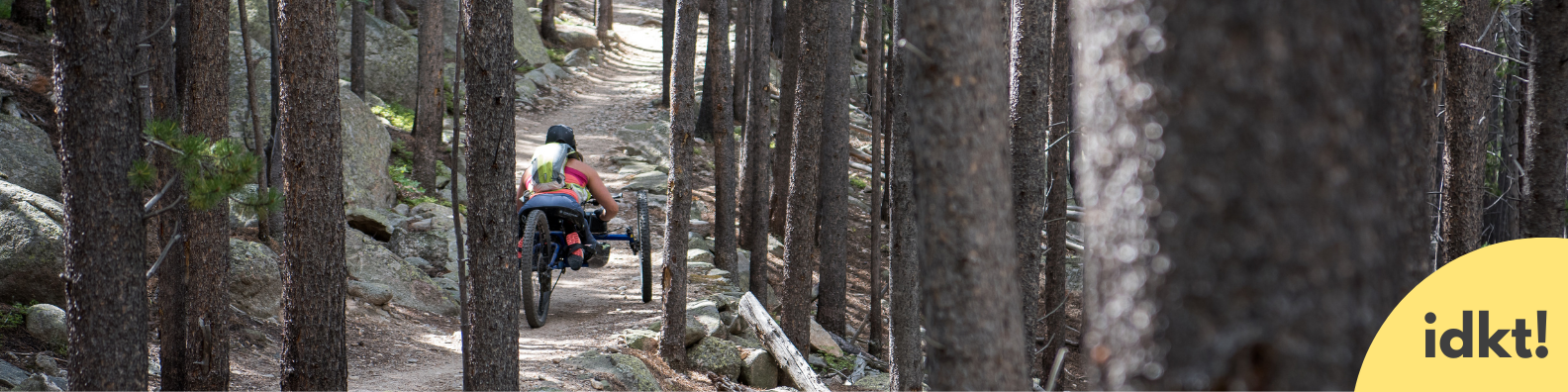 a person in an all-terrain wheelchair moves down a trail in a forest
