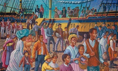 Painting of black men and women leaving boat to step into Nova Scotia, Canada