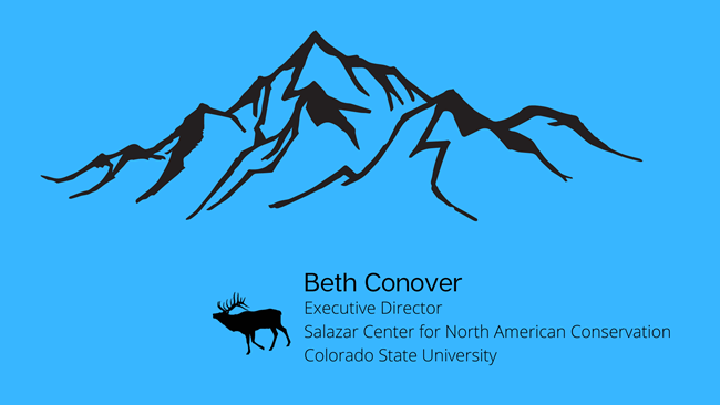 digital illustration of outline of mountains and an elk with Beth Conover, Executive Director, Salazar Center for North American Conservation, Colorado State University