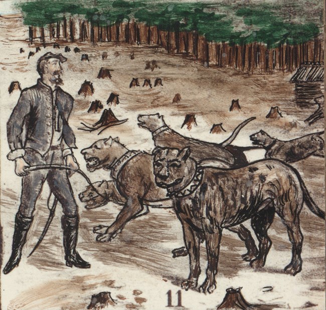 man in civil war uniform with dogs