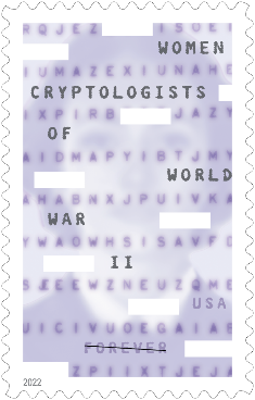 Purple stamp with white outline. There are words scattered across the stamp. Some read "women cryptologists of world world II. USA." Another word is forever but it is crossed out.
