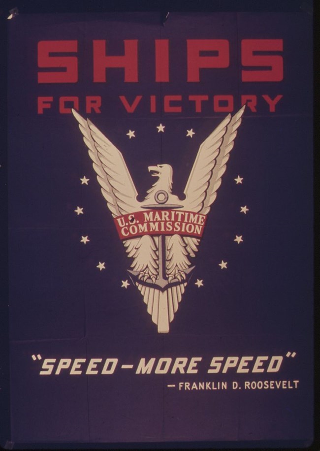 A blue flag with the words "Ships for Victory" and "Speed - More Speed."