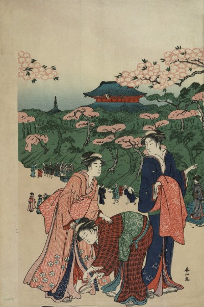 Historic Japanese image of people viewing the cherry blossoms