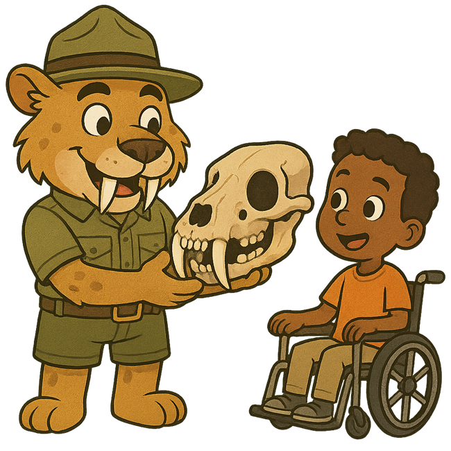 A sabretooth cat park ranger holds a skull for a boy in a wheelchair