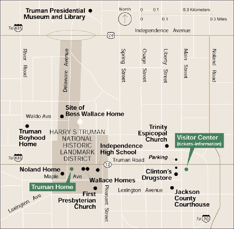 Map of Truman's hometown featuring the location of his house and the park visitor center. National Park Service photo.