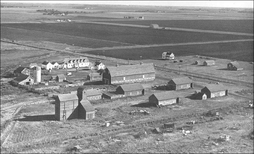Aerial photo of farm buildings. (State Historical Society of North Dakota, photographer unknown)