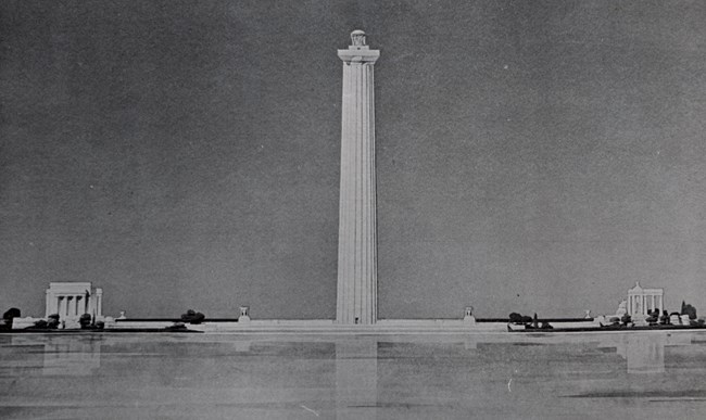 Black and white photo of a tall stone Doric column memorial with square observation deck and bronze urn on the top. two plaza extend from the sides of column at base with two smaller stone structures. Plaza also extends towards viewer.