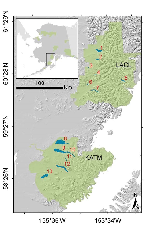 A map showing numbered lakes where sampling takes place in Katmai and Lake Clark national parks.