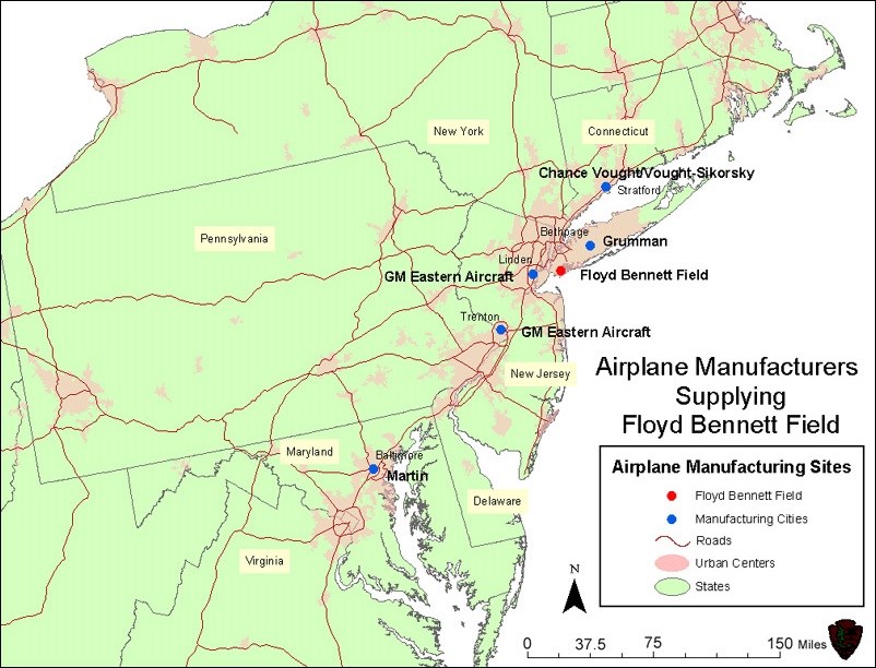Map of aircraft manufacturers that supplied Floyd Bennett Field, 2003.(National Park Service)