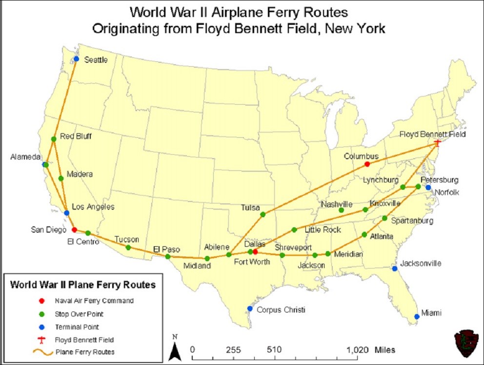 Map of World War II Aircraft Ferry Routes Originating from Floyd Bennett Field, 2003.