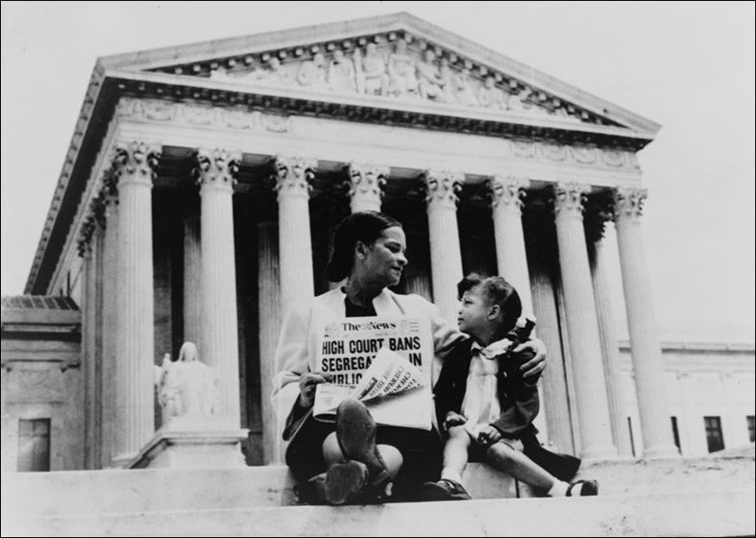 A black woman and girl sitting on the steps of a large building with Greco-roman columns. The woman holds a newspaper with the headline, "High Court Bans Segregation."