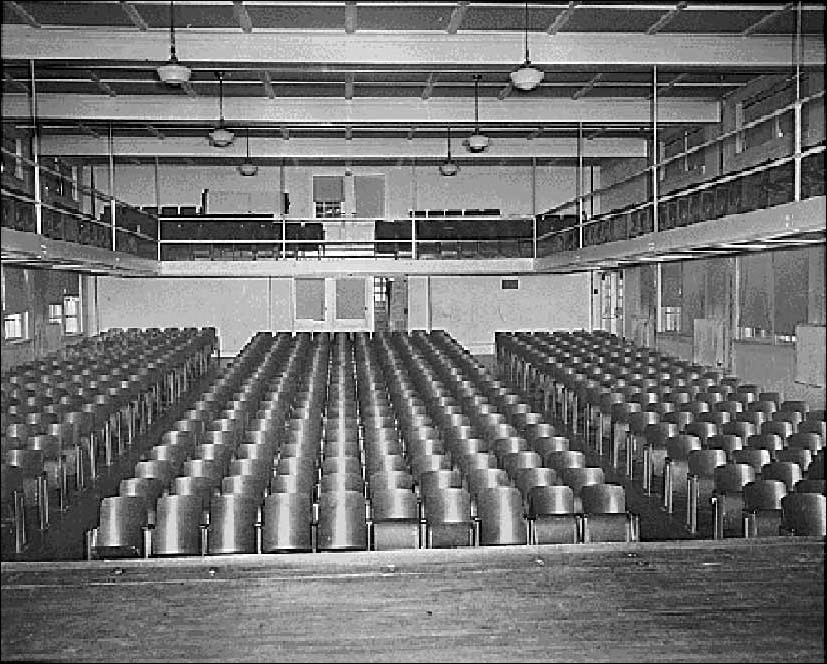 Auditorium with rows of chairs at Farmville High School, Farmville, Virginia. National Archives and Records Administration, Mid Atlantic Region