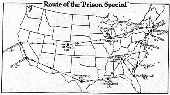 Map of the United States depicting the train route of the Prison Special tour.
