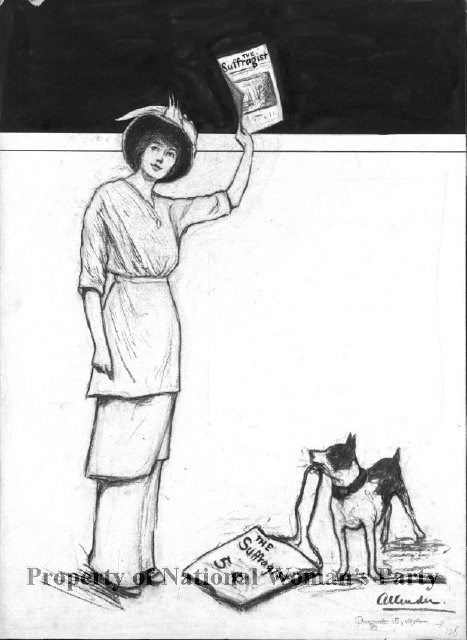 A woman holds up a copy of "The Suffragist." A small dog beside the woman has the strap of a bag in his mouth; the bag reads "The Suffragist, 5 cents.