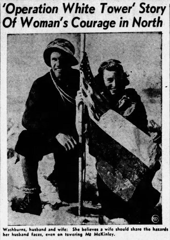 newspaper clipping of a man and woman kneeling atop a mountain. a headline reads "operation white tower story of woman's courage in north."