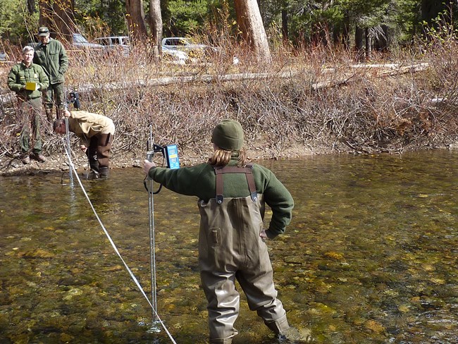 Two scientists wearing waders  and warm jackets stand in a river using a measure device on a pole and a rope strung across the river to measure streamflow.