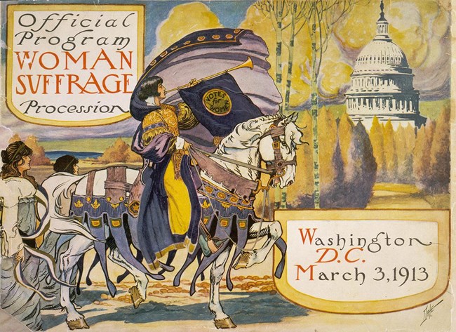 Drawing of woman wearing yellow dress and blue cloak, riding a horse and blowing a bugle with a banner that reads "Votes for Women." Includes text: "Official Program Woman Suffrage Procession, Washington D.C. March 3, 1913."
