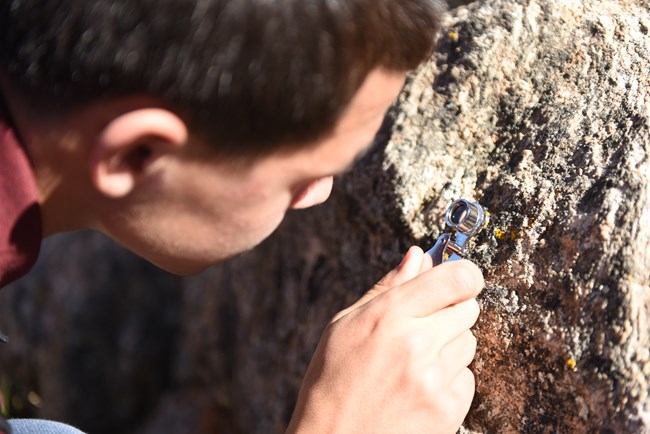 A student holding a small magnifying glass examines a lichen sample on a rock.