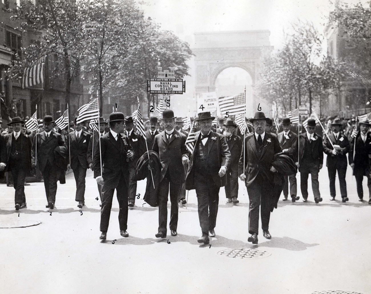 Thomas Edison marches with the Naval Consulting Board in a New York City Preparedness Parade, May 13, 1916