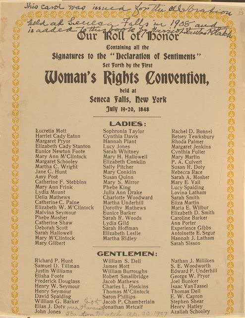 Copy of names of signatories to Seneca Falls Declaration of Sentiments.