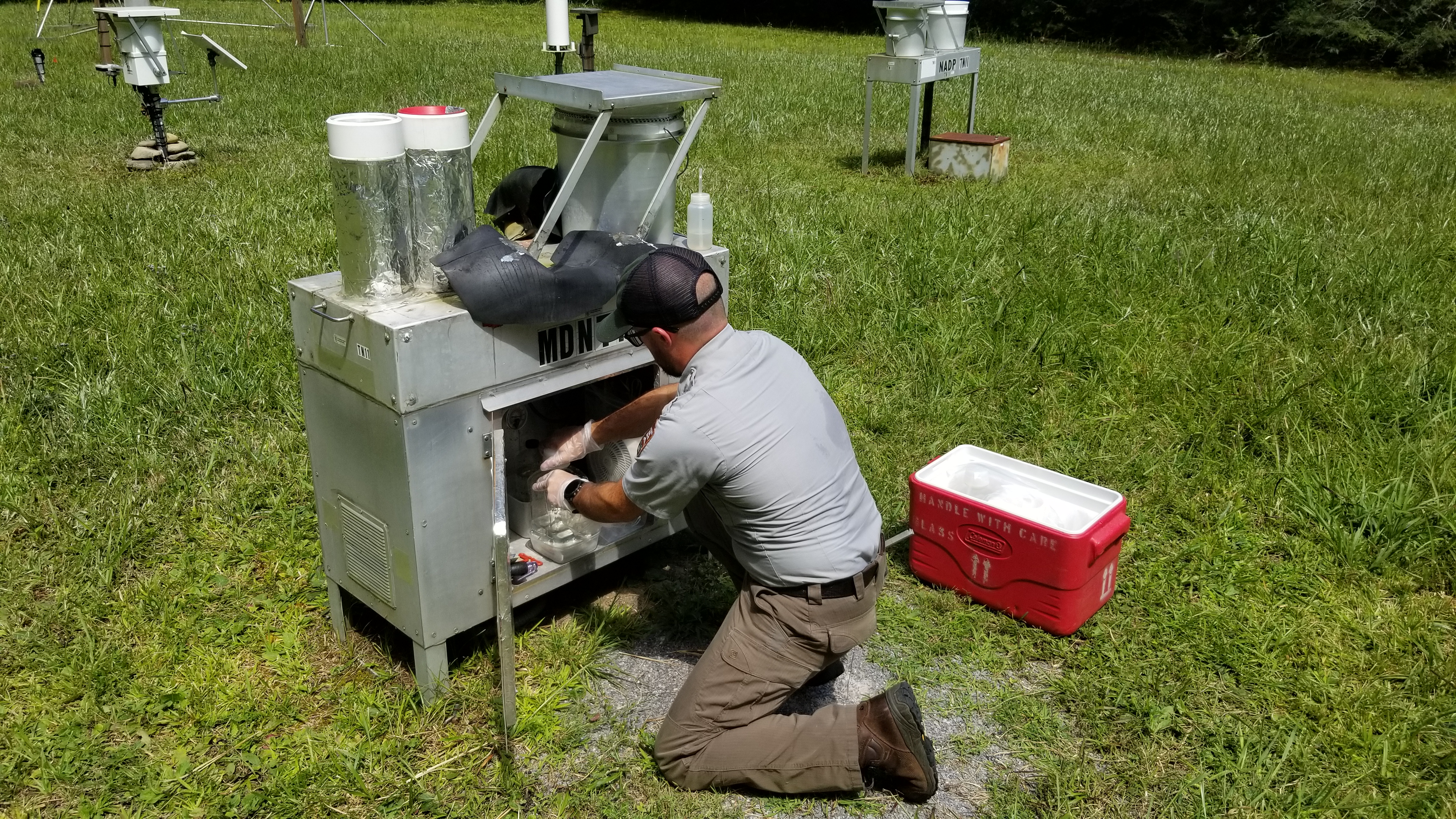 National Park Service staff collects water from a wet mercury deposition collector.