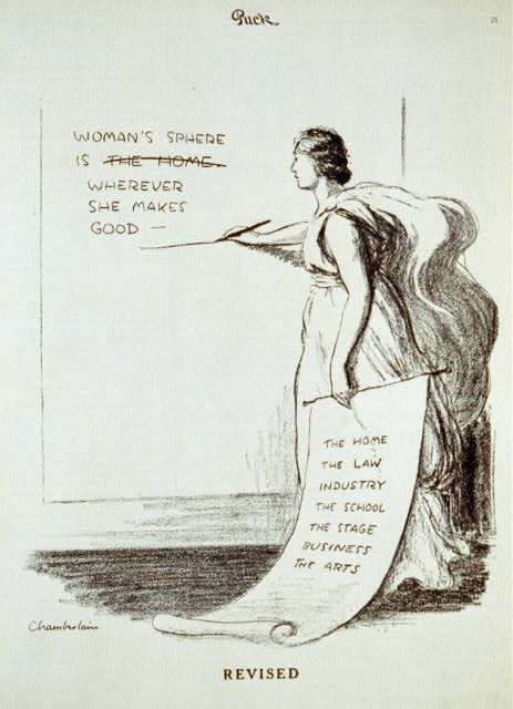 Cartoon showing a woman revising statement on a wall; she changes "Woman's sphere is the home" to "Woman's sphere is wherever she makes good--" Library of Congress, https://www.loc.gov/resource/cph.3b49099/